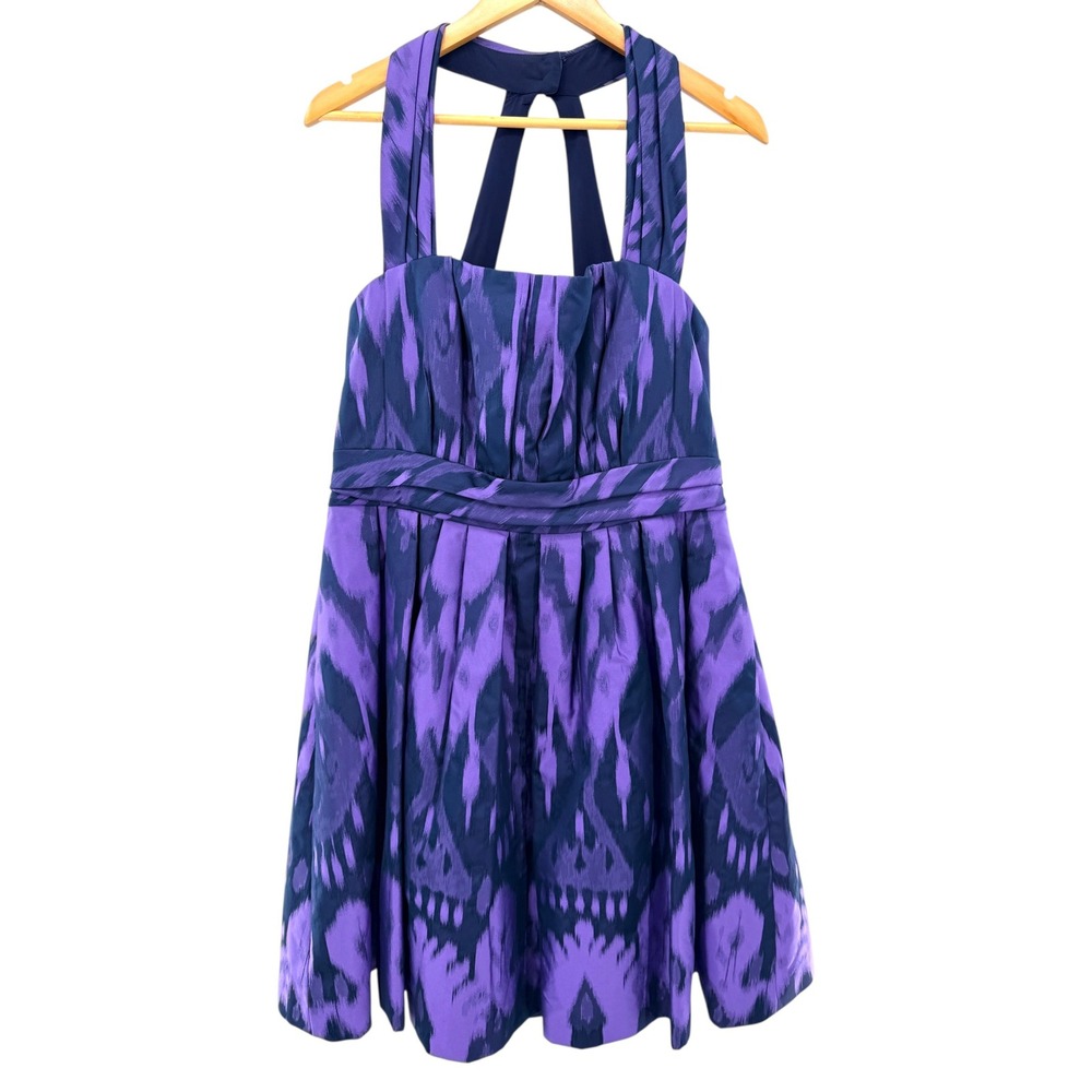 Kay Unger New York Purple Ikat Halter Fit Flare Dress 16‎ Wedding Guest Formal